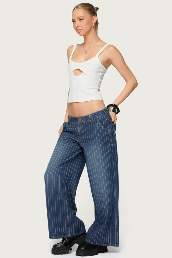 Edikted Petite Cory Striped Low Rise Jeans Blue