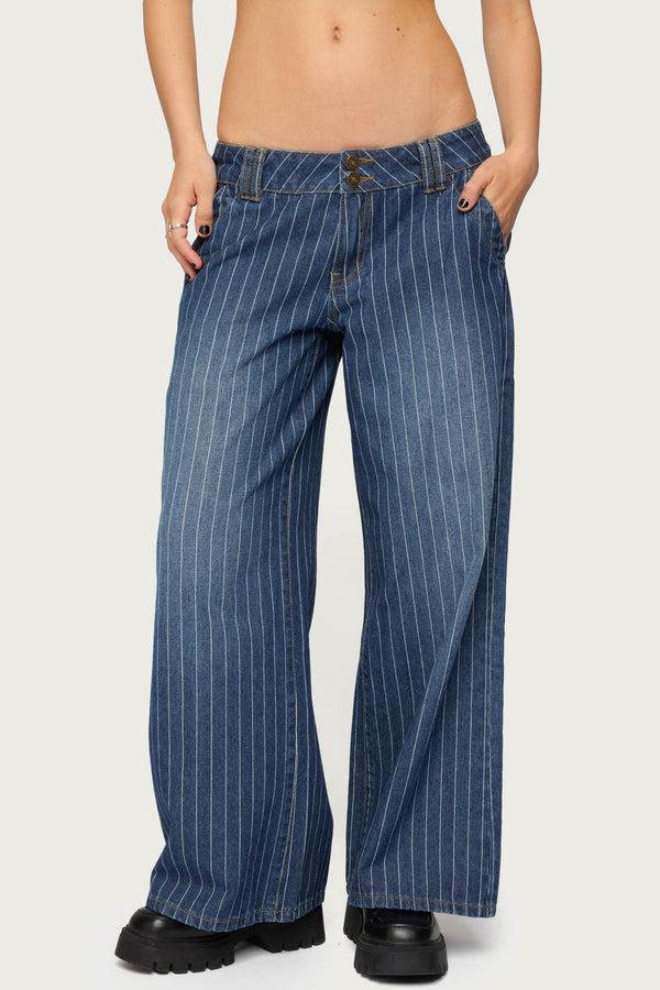 Edikted Petite Cory Striped Low Rise Jeans Blue