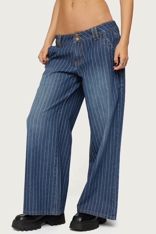 Edikted Petite Cory Striped Low Rise Jeans Blue