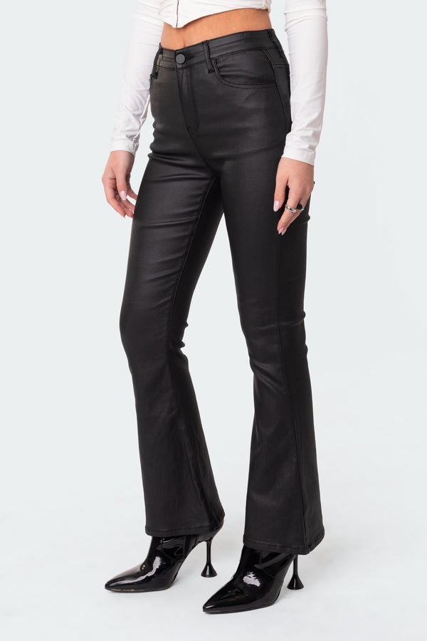 Edikted Petite Luna Faux Leather Flare Jeans Black