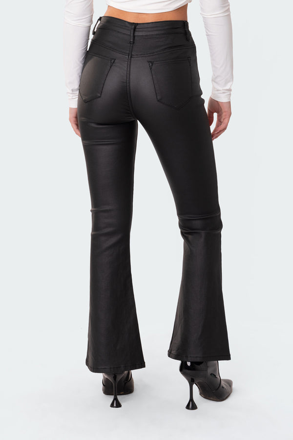 Edikted Petite Luna Faux Leather Flare Jeans Black