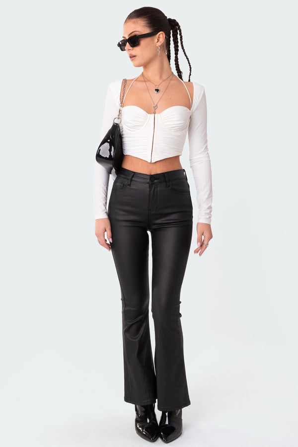 edikted Petite Luna Faux Leather Flare Jeans black