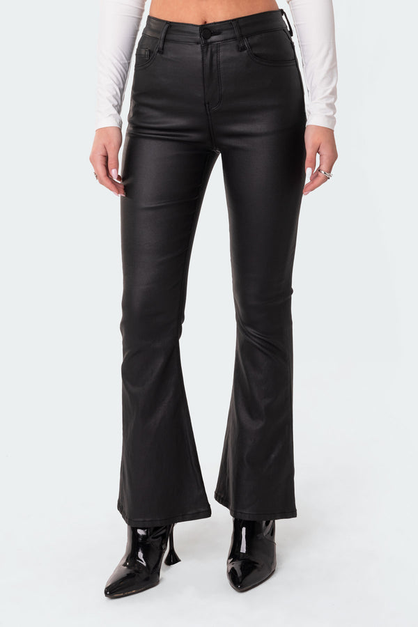 Edikted Petite Luna Faux Leather Flare Jeans Black