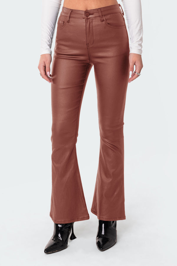 Edikted Petite Luna Faux Leather Flare Jeans Brown