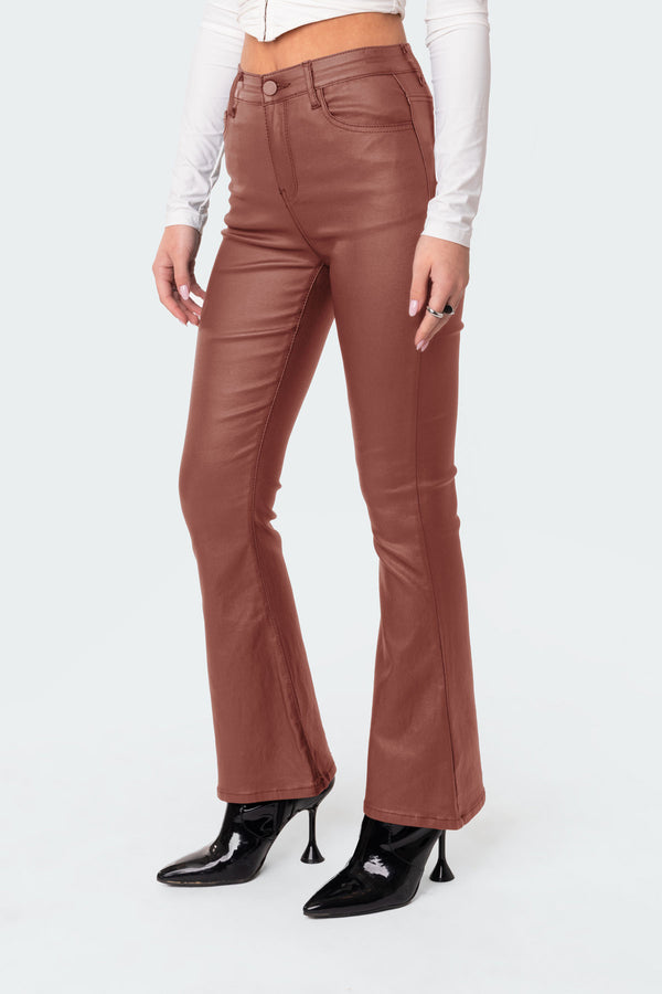 Edikted Petite Luna Faux Leather Flare Jeans Brown