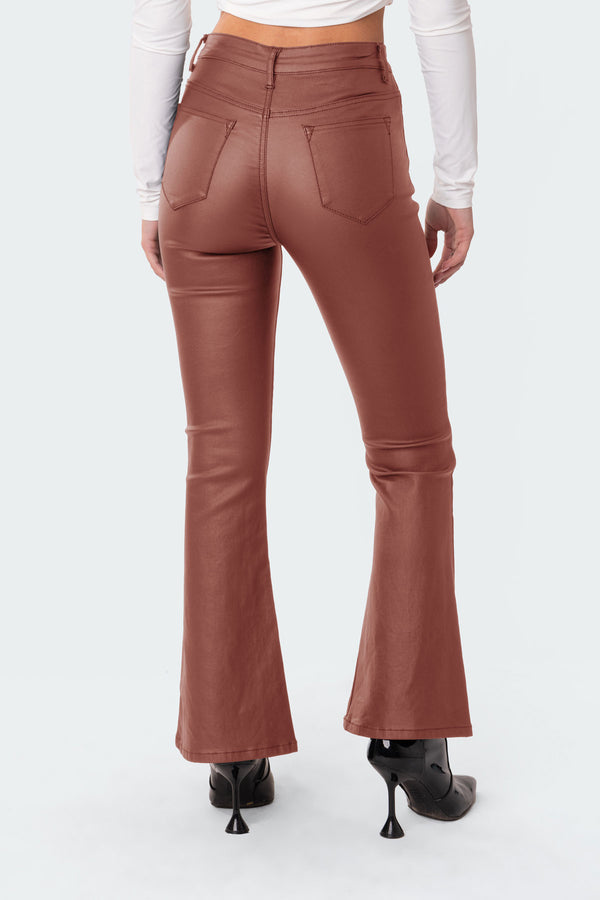Edikted Petite Luna Faux Leather Flare Jeans Brown