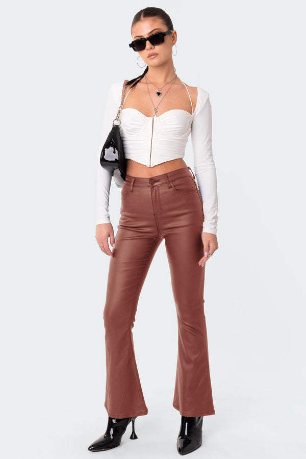 edikted Petite Luna Faux Leather Flare Jeans brown