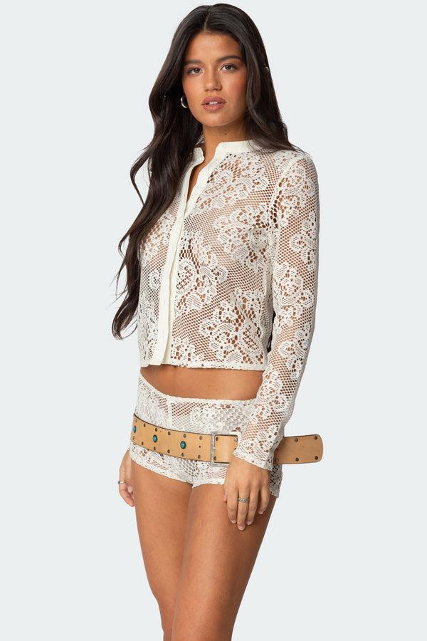 Edikted Peyson Sheer Lace Top Cream