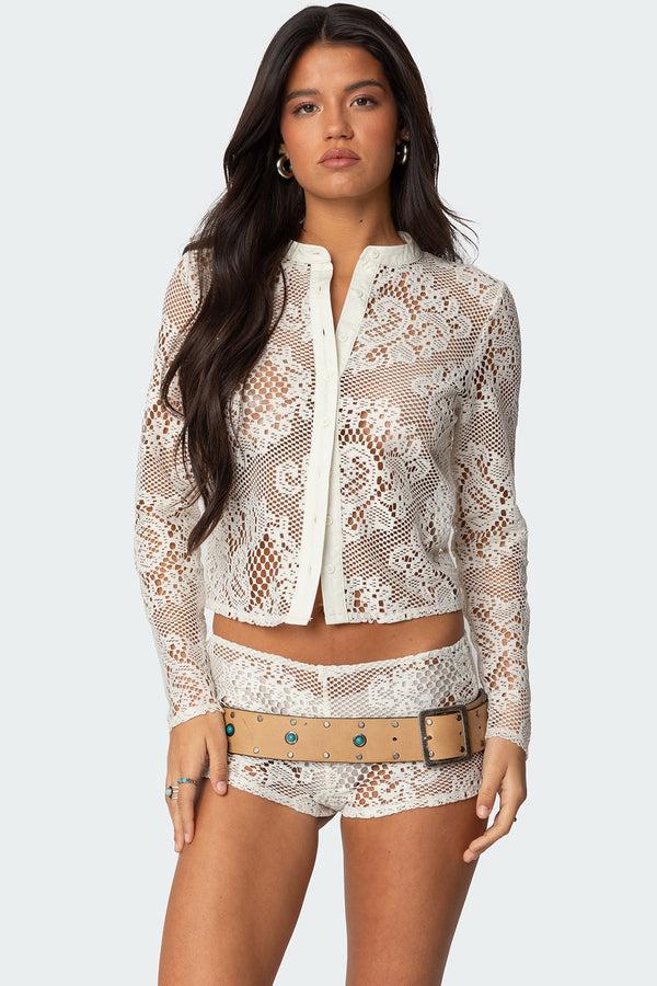 Edikted Peyson Sheer Lace Top Cream