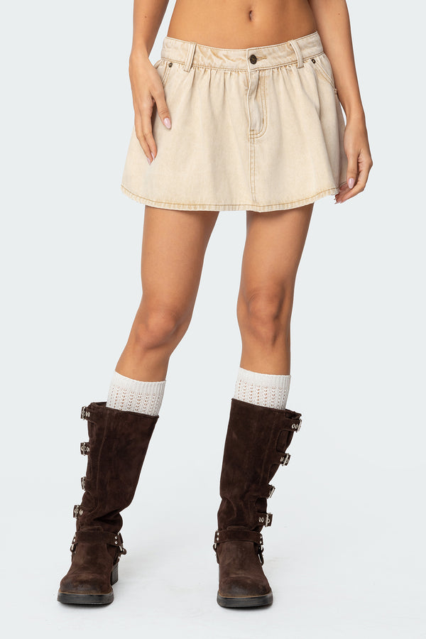 Edikted Peyton Flared Denim Mini Skirt Beige