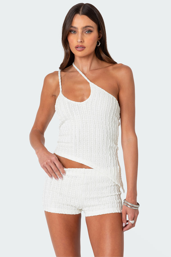 edikted Phoebe Asymmetric Textured Knit Top white