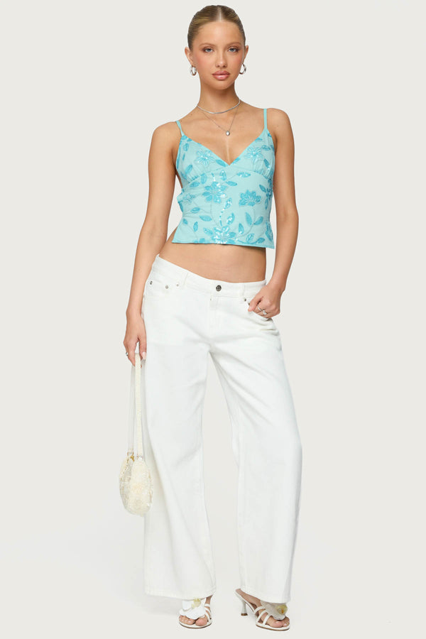 Edikted Pia Sequin Floral Backless Top Turquoise