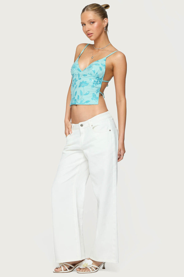 Edikted Pia Sequin Floral Backless Top Turquoise