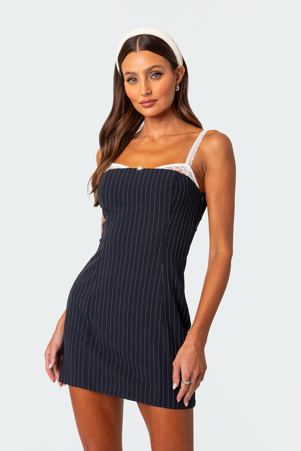 Edikted Pinstripe Bra Detail Mini Dress Navy