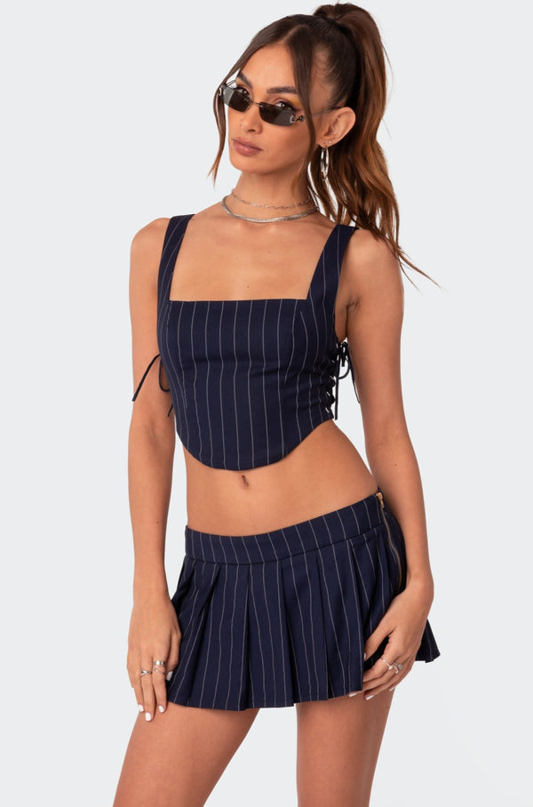 edikted Pinstripe Side Lace Up Corset navy