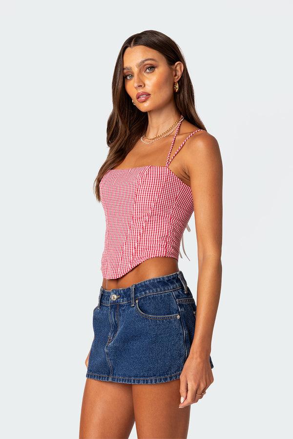 Edikted Pippa Gingham Lace Up Corset Red