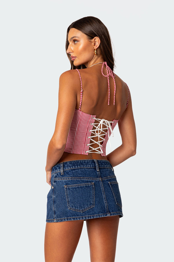 Edikted Pippa Gingham Lace Up Corset Red