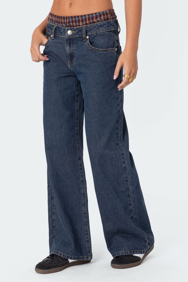 Edikted Plaid Boxer Detail Relaxed Jeans Blue
