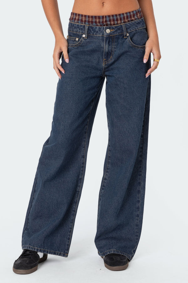 Edikted Plaid Boxer Detail Relaxed Jeans Blue