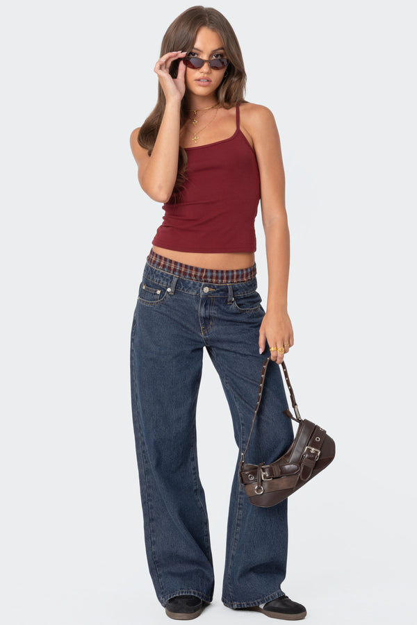 edikted Plaid Boxer Detail Relaxed Jeans blue
