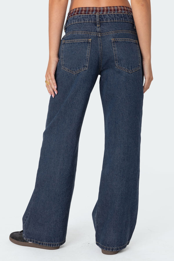 Edikted Plaid Boxer Detail Relaxed Jeans Blue