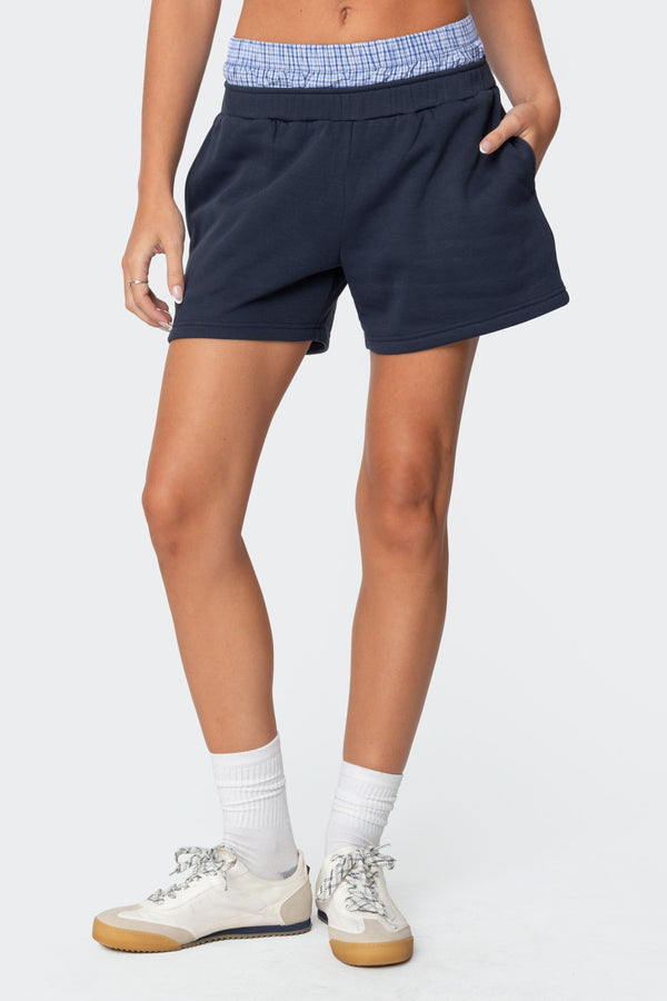 Edikted Plaid Boxer Detail Sweat Shorts Navy