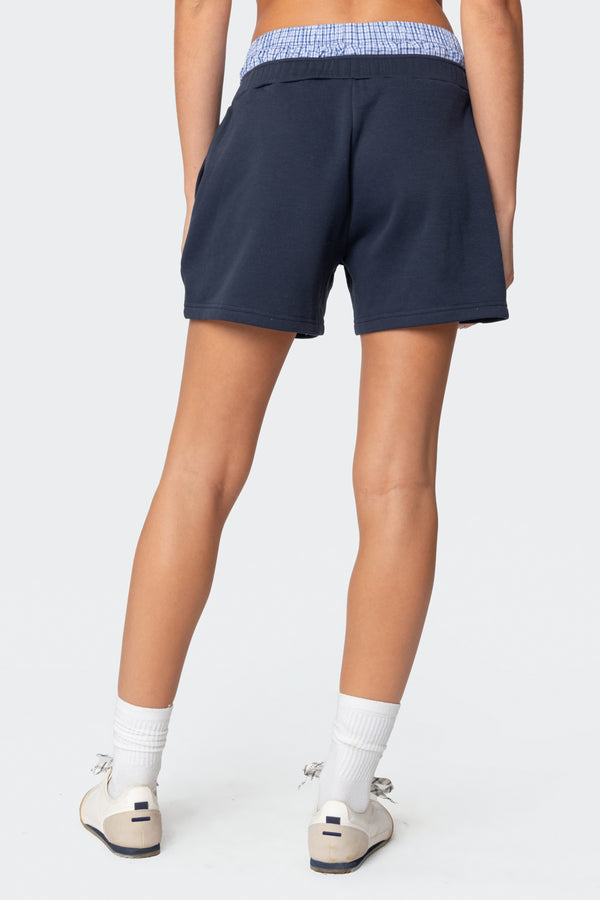 Edikted Plaid Boxer Detail Sweat Shorts Navy