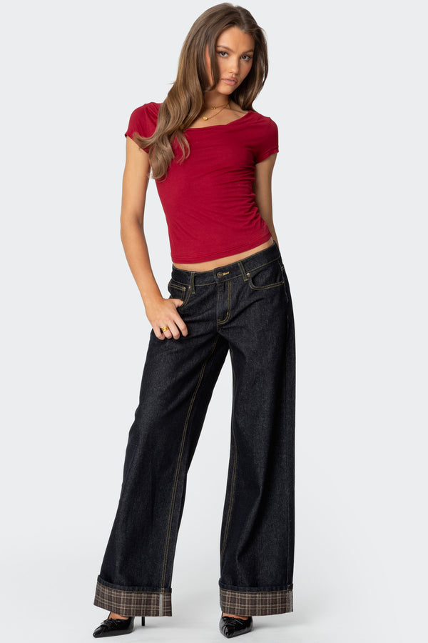 edikted Plaid Cuffed Low Rise Jeans blue