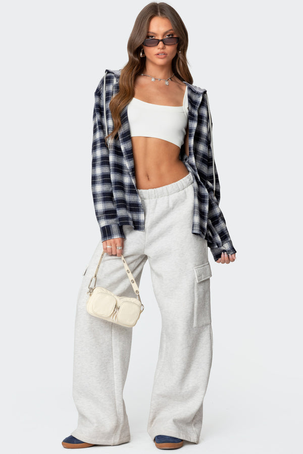 Edikted Plaid Hooded Button Up Shirt Navy