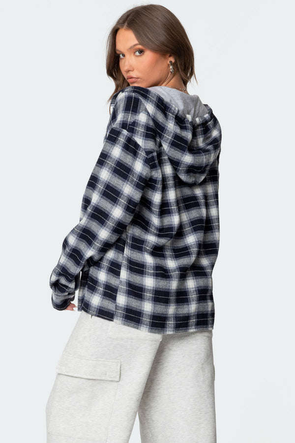 Edikted Plaid Hooded Button Up Shirt Navy