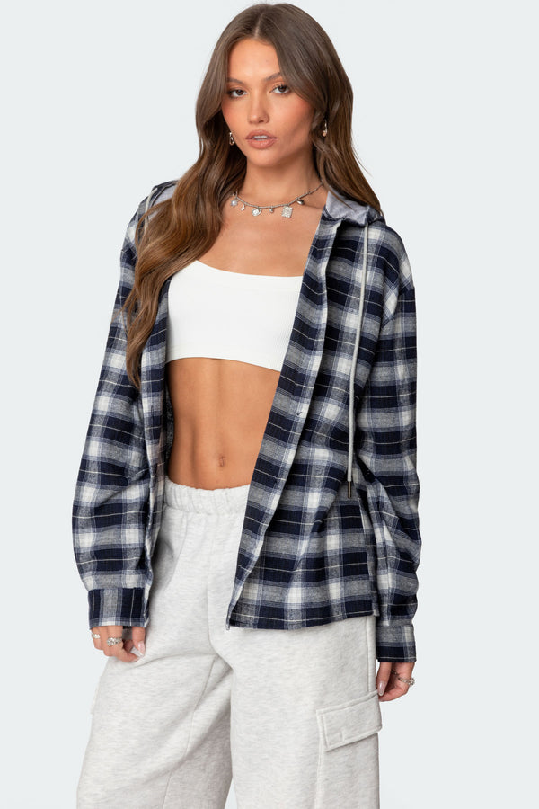 Edikted Plaid Hooded Button Up Shirt Navy