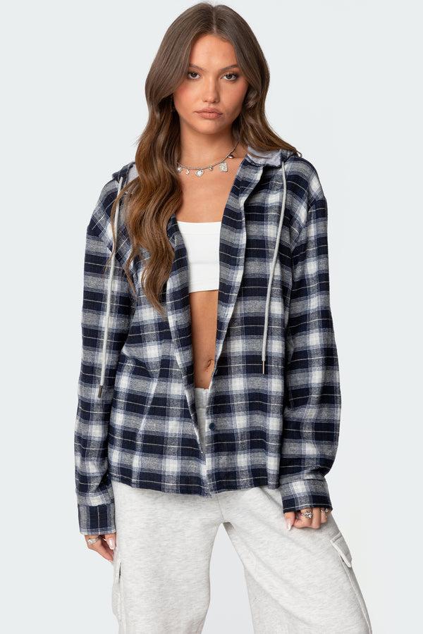 edikted Plaid Hooded Button Up Shirt navy