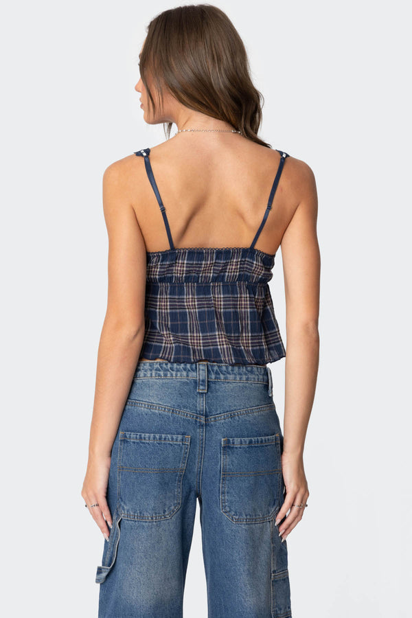Edikted Plaid Lace Trim Tank Top Navy