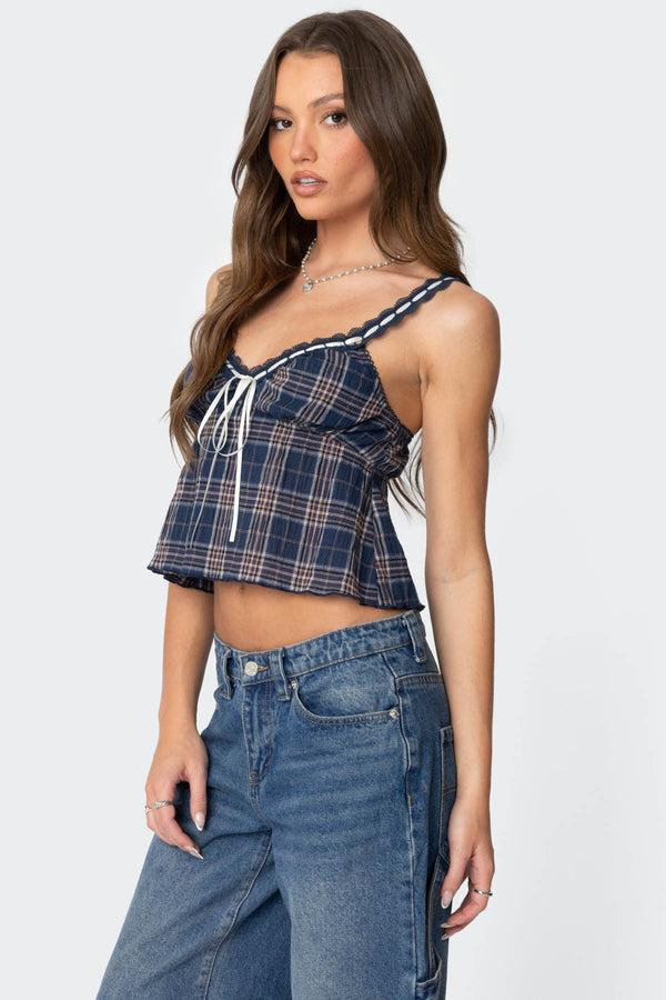 Edikted Plaid Lace Trim Tank Top Navy