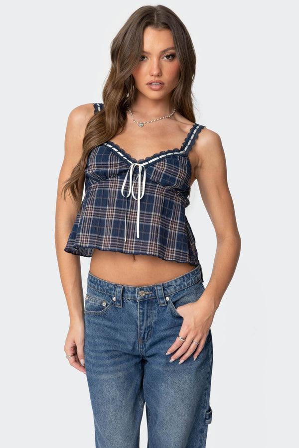 edikted Plaid Lace Trim Tank Top navy