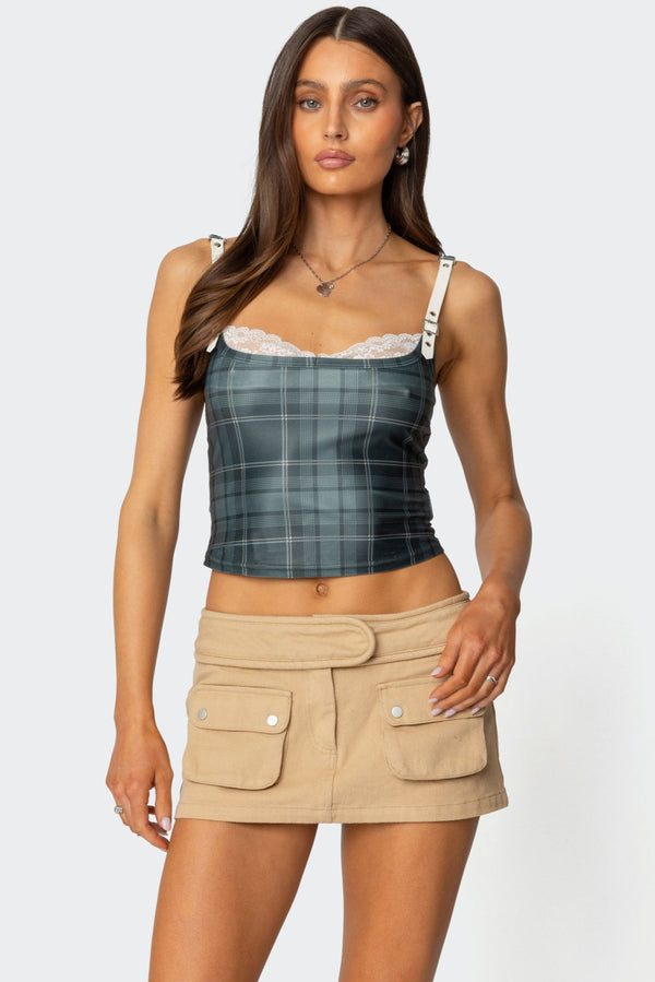 edikted Plaid Lacey Peekaboo Top green