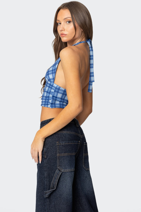 Edikted Plaid Printed Halter Top Blue