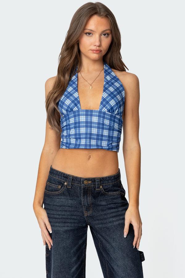 edikted Plaid Printed Halter Top blue