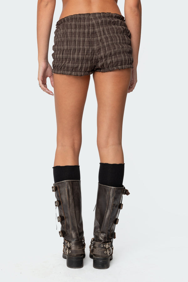 Edikted Plaid Scrunch Shorts Brown