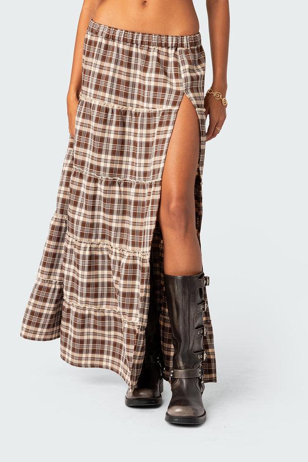 Edikted Plaid Side Slit Tiered Maxi Skirt Brown