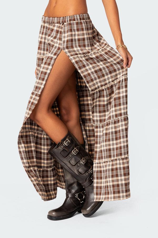 Edikted Plaid Side Slit Tiered Maxi Skirt Brown