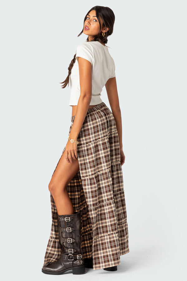 Edikted Plaid Side Slit Tiered Maxi Skirt Brown