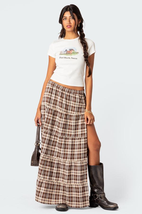 edikted Plaid Side Slit Tiered Maxi Skirt brown