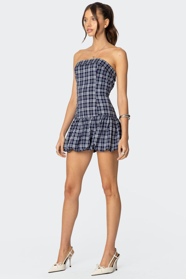 Edikted Plaid Strapless Bubble Mini Dress Navy