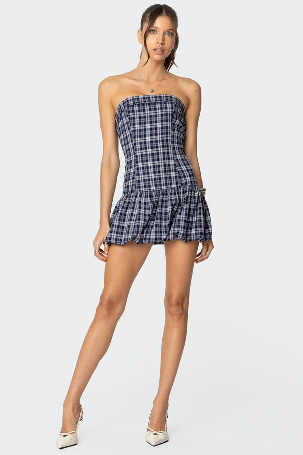 Edikted Plaid Strapless Bubble Mini Dress Navy