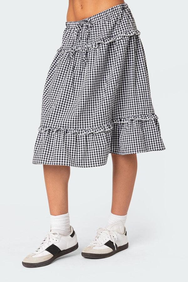 Edikted Plaid Tiered Midi Skirt Black And White