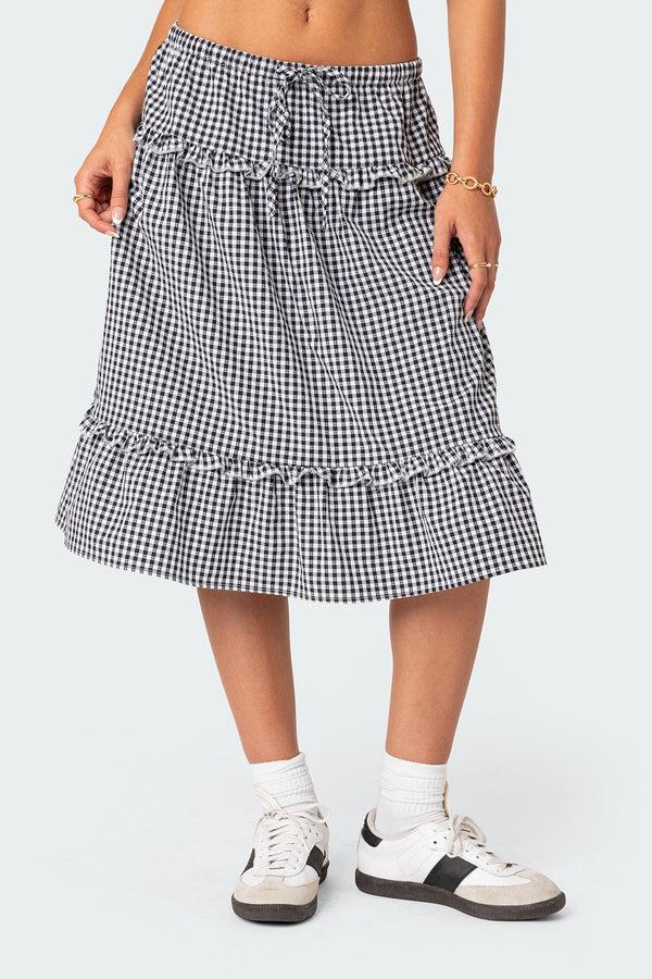 Edikted Plaid Tiered Midi Skirt Black And White