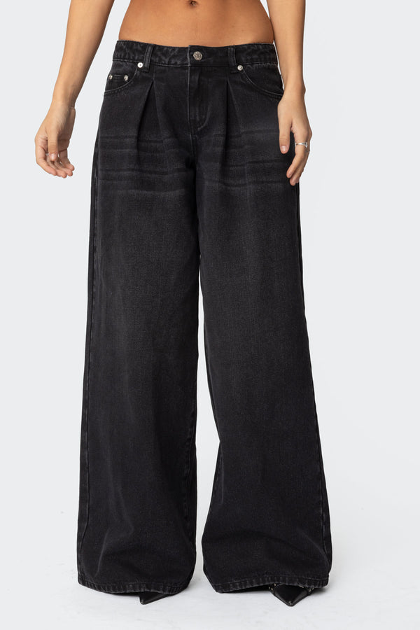 Edikted Pleated Detail Low Rise Jeans Black