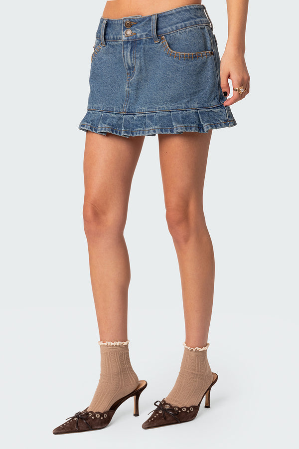 Edikted Pleated Hem Washed Denim Mini Skirt Blue