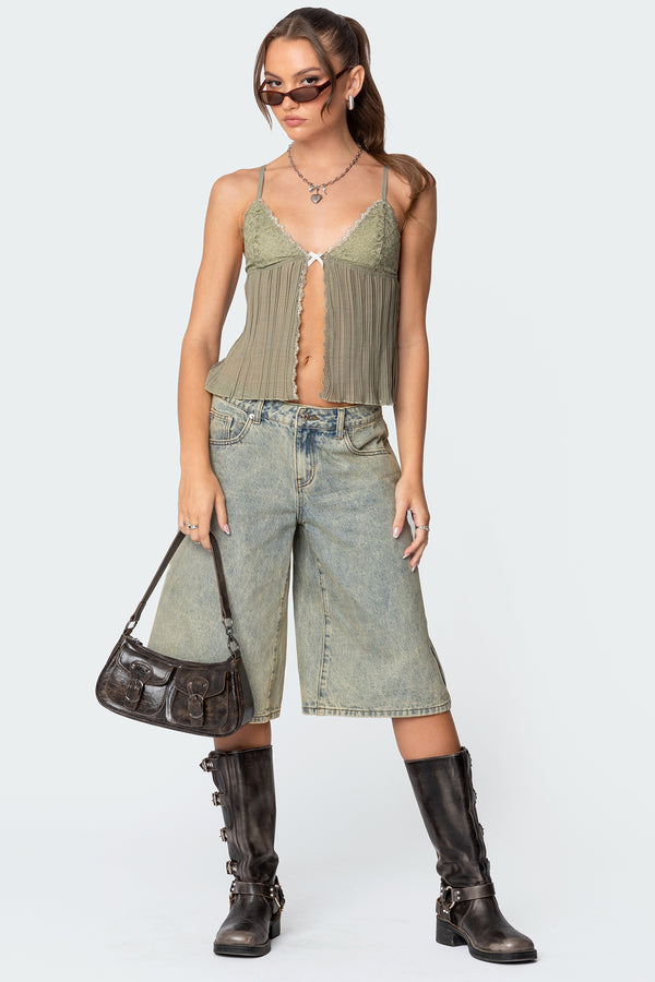 Edikted Pleated Lacey Split Front Tank Top Olive